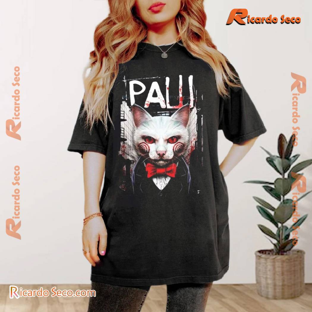 Paw (Saw) Cat Horror Graphic Unisex T-shirt, V-neck Ladies a