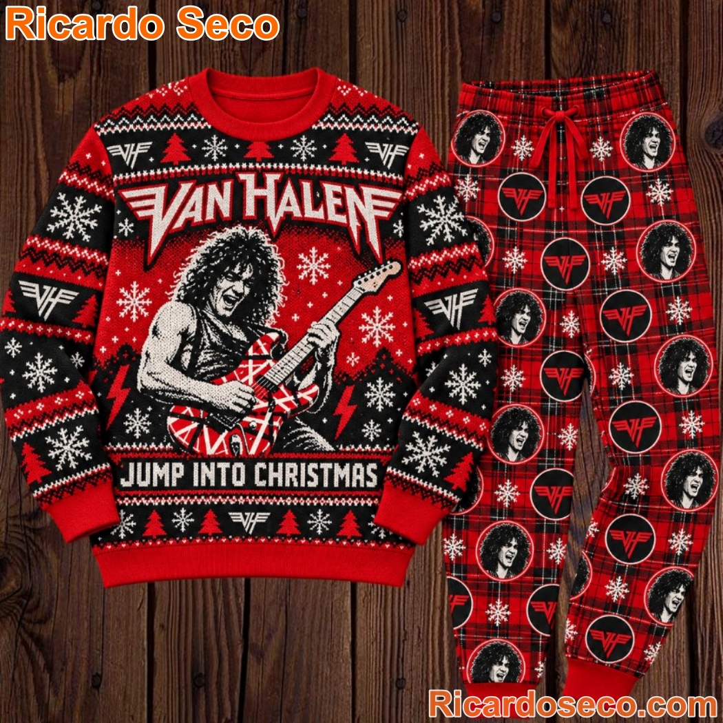 Van Halen Jump Into Christmas Sweater and Jogger Pants Set hJtyrLi